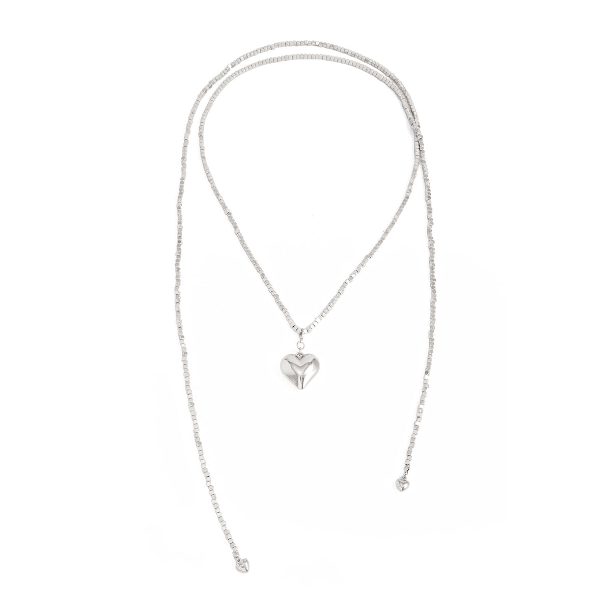 Silvertone Bead Chain Big Heart Pendant Toggle Necklace, everyday style, front view