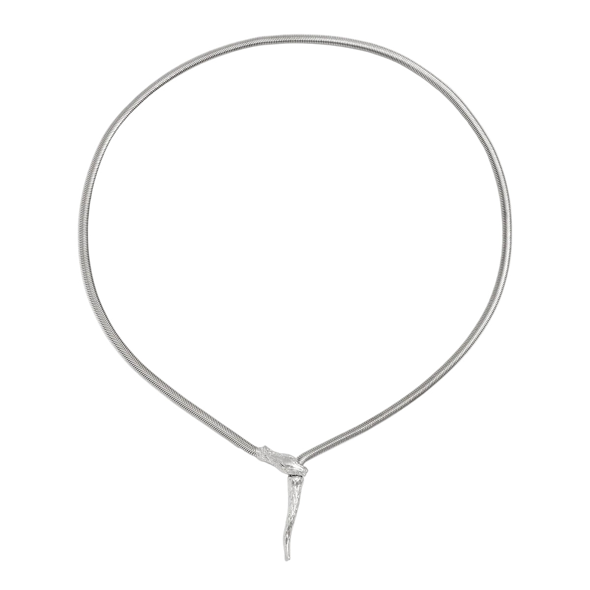 Silvertone Herringbone Chain Snake Lariat Necklace, botanical inspired, front view