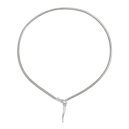 Silvertone Herringbone Chain Snake Lariat Necklace, botanical inspired, front view
