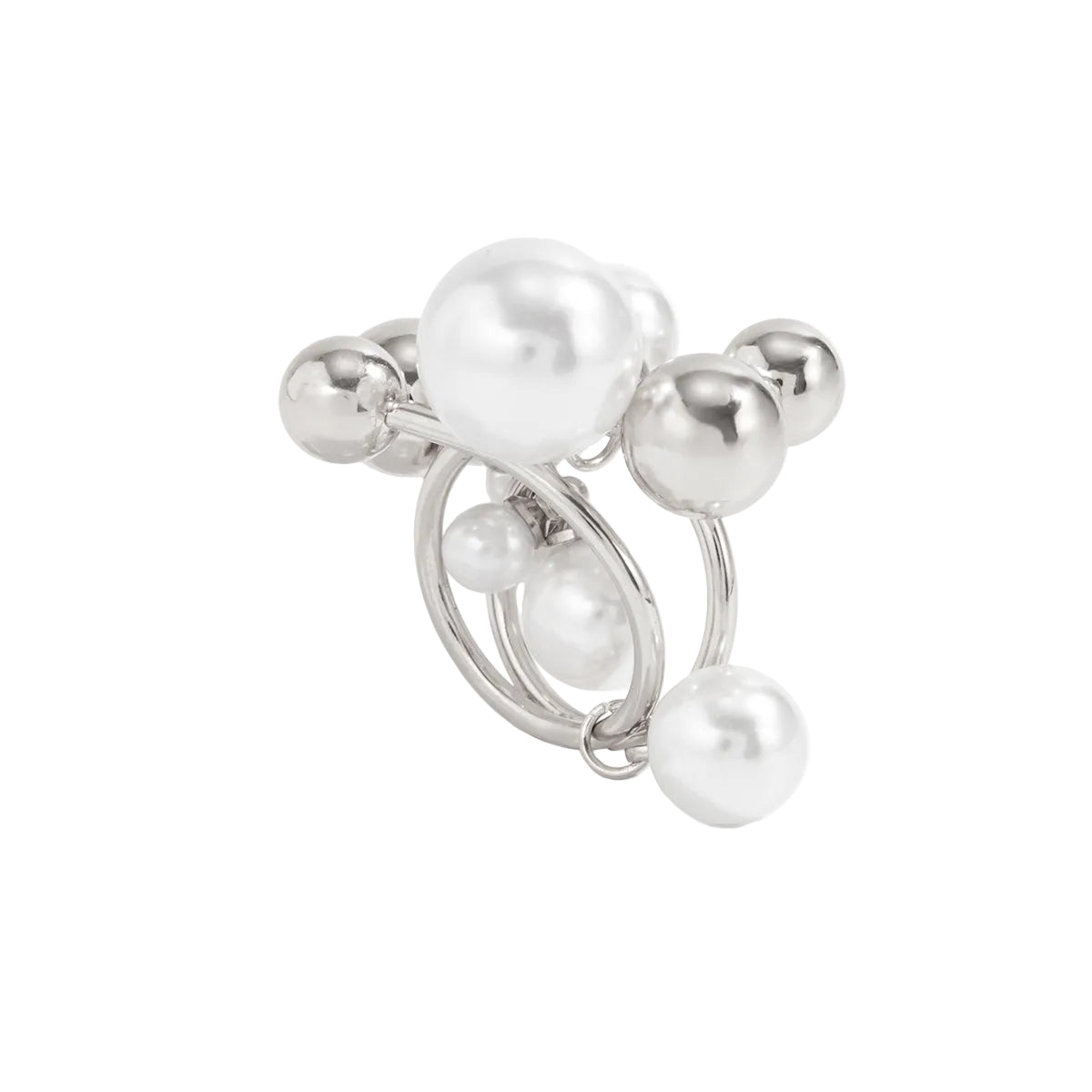 Pearl and Silvertone Ball Cluster Bypass Ring, dainty minimalist design, front view
