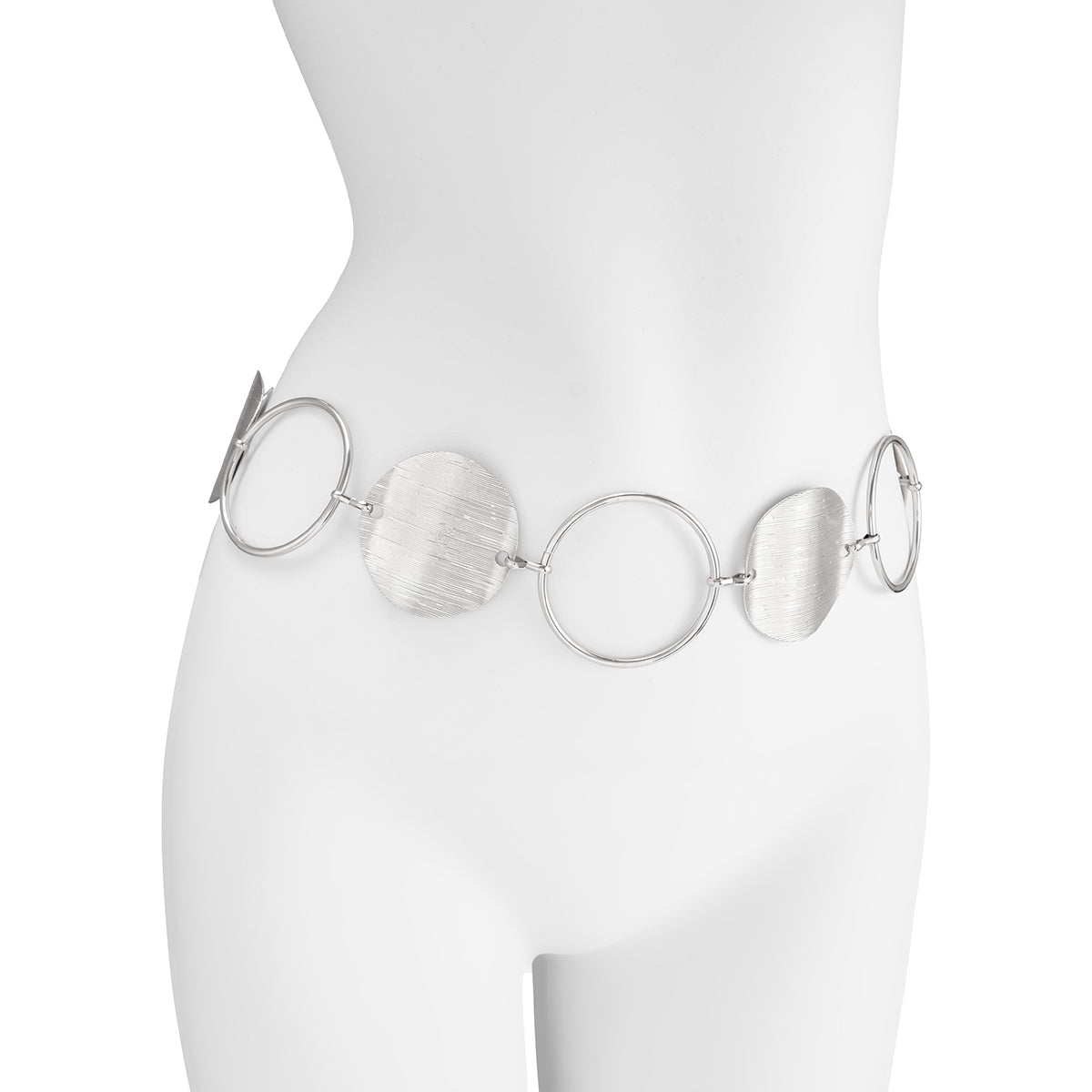 Silvertone Textured and Open Circular Charm Waist Chain, botanical inspired, detail close-up