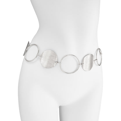 Silvertone Textured and Open Circular Charm Waist Chain, botanical inspired, detail close-up