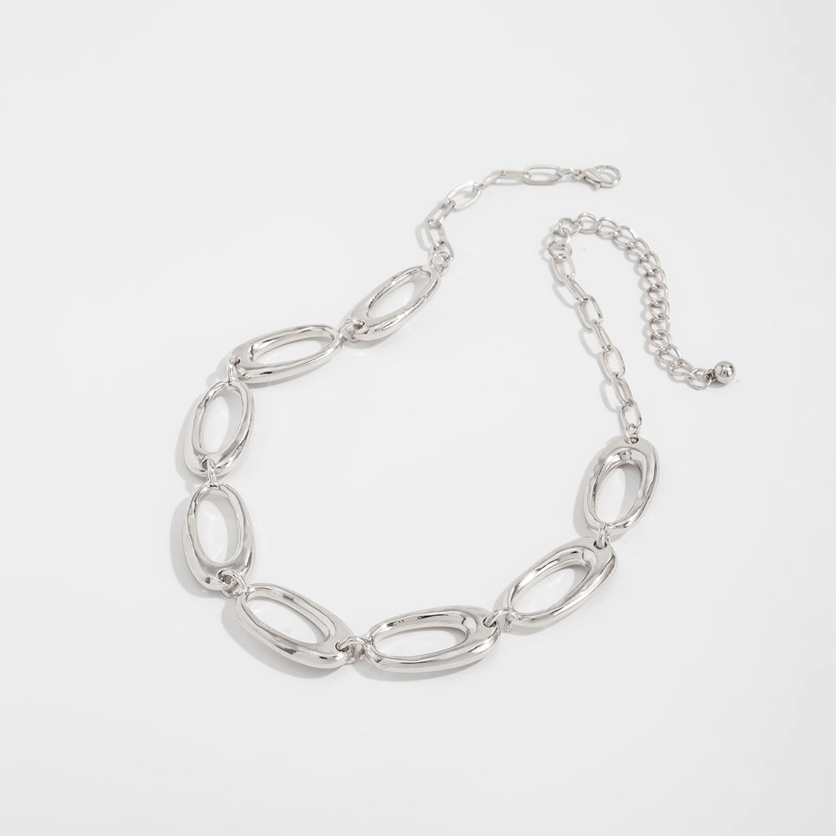 Silvertone Open Oval Chain Collar Necklace, everyday style, side view