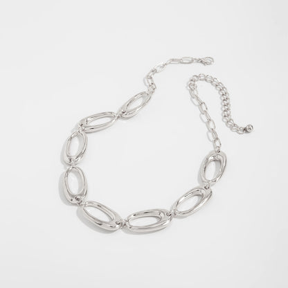 Silvertone Open Oval Chain Collar Necklace, everyday style, side view