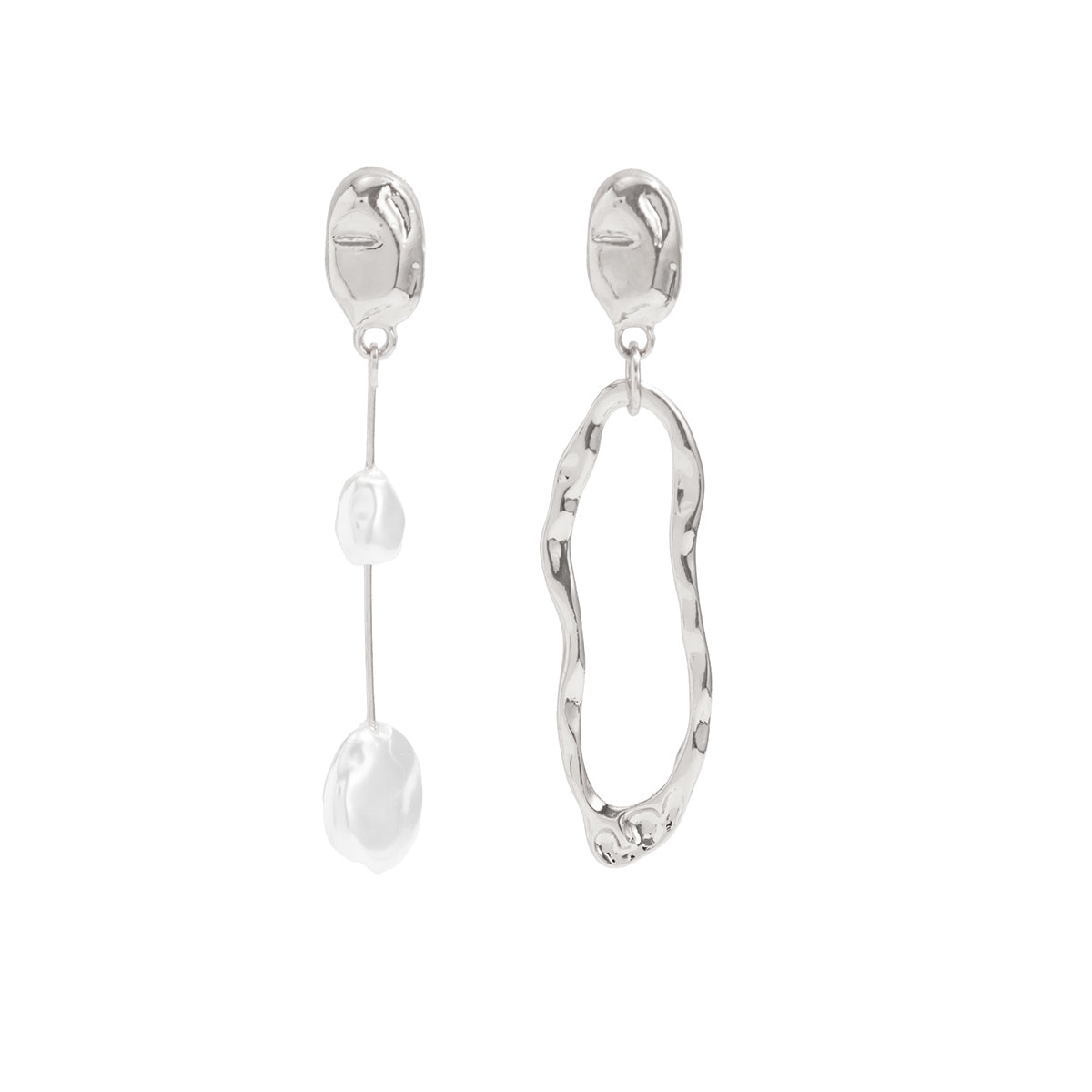 Pearl & Silvertone Open Drop Mismatching Dangle Earrings