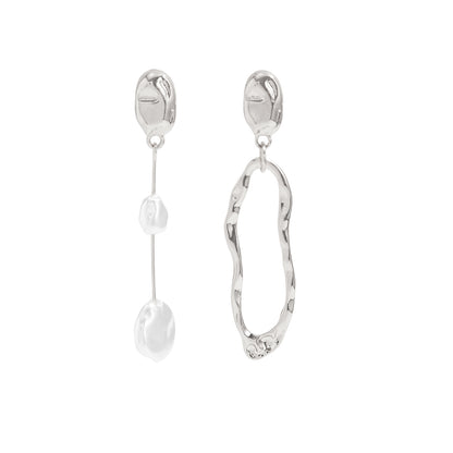 Pearl & Silvertone Open Drop Mismatching Dangle Earrings