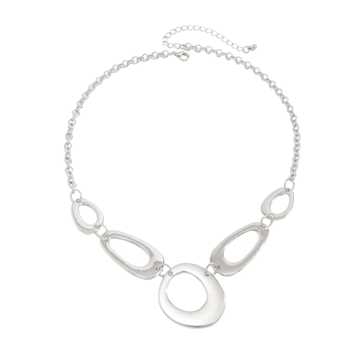 Silvertone Open Geometric Necklace, botanical inspired, front view