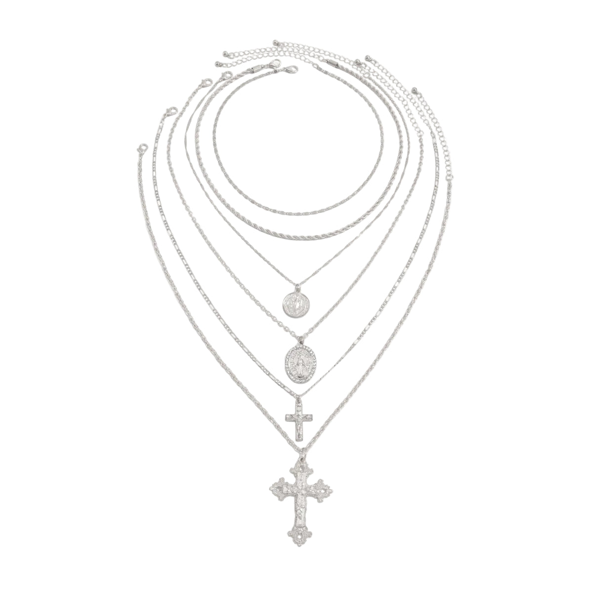 Cubic Zirconia and Silvertone Marry Oval Cross Pendant Necklace Set, silver pendant necklace for women, front view