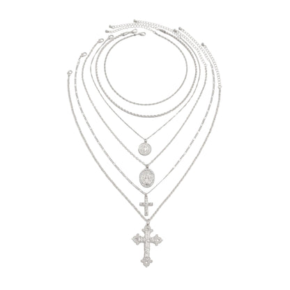Cubic Zirconia and Silvertone Marry Oval Cross Pendant Necklace Set, silver pendant necklace for women, front view
