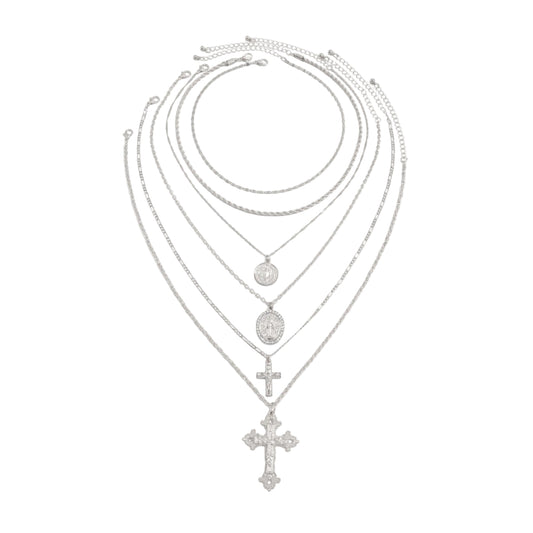 Cubic Zirconia and Silvertone Marry Oval Cross Pendant Necklace Set, silver pendant necklace for women, front view