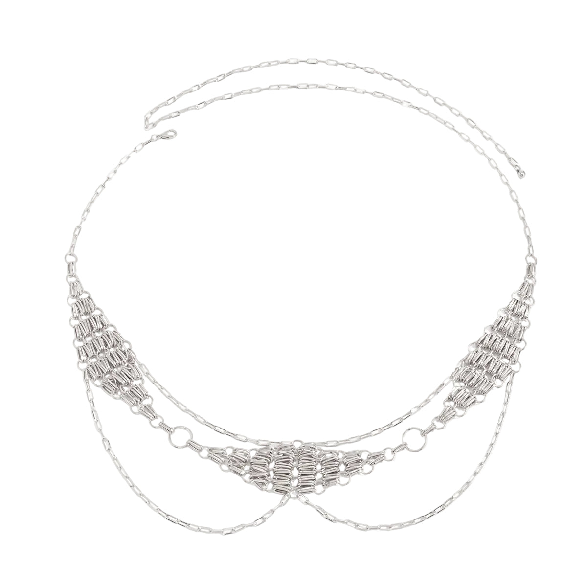 Silvertone Netted Rhombus Layered Waist Chain, dainty minimalist design, front view