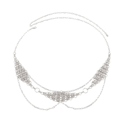 Silvertone Netted Rhombus Layered Waist Chain, dainty minimalist design, front view