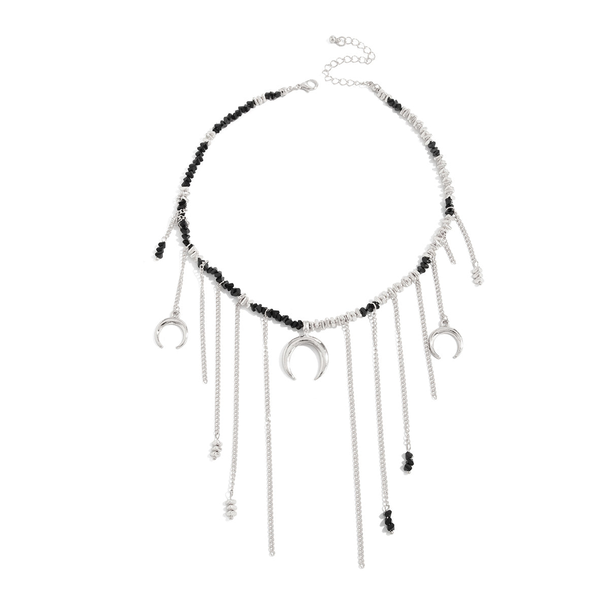 Black Acrylic and Silvertone Moon Pendant Tassel Necklace, vintage-inspired design, front view