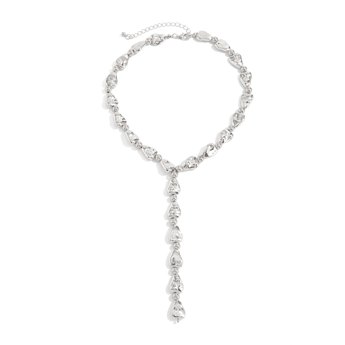 Silvertone Hammered Drop Y-Necklace, botanical inspired, front view