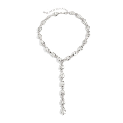 Silvertone Hammered Drop Y-Necklace, botanical inspired, front view