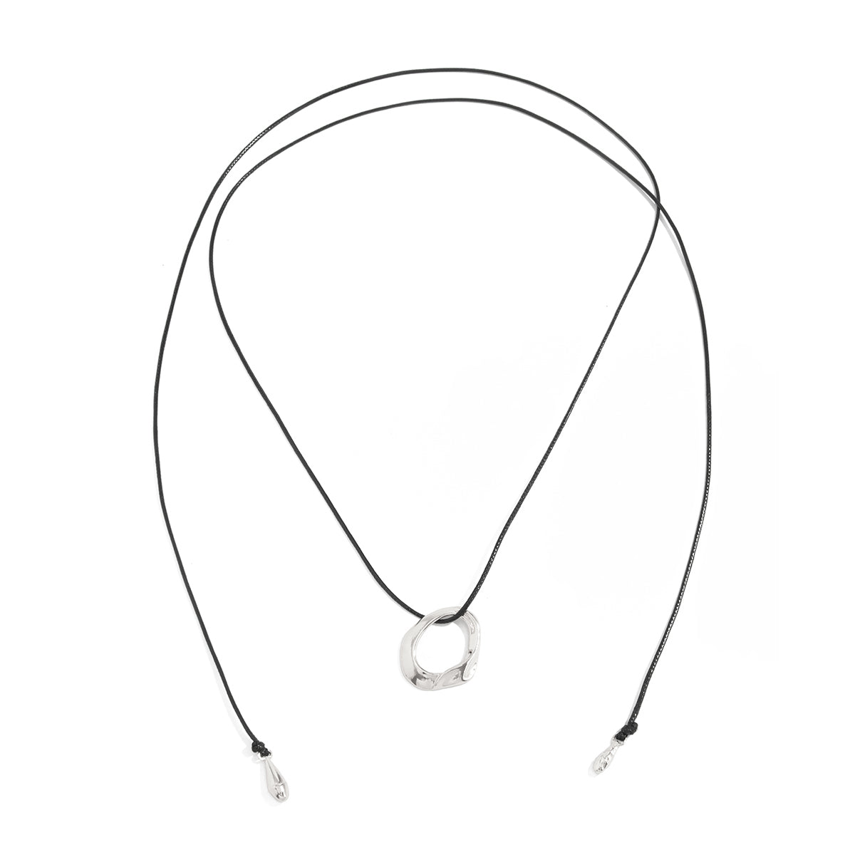 Polyster and Silvertone Open Irregular Pendant Long Necklace, dainty minimalist design, front view