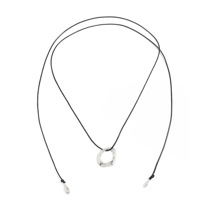 Polyster and Silvertone Open Irregular Pendant Long Necklace, dainty minimalist design, front view