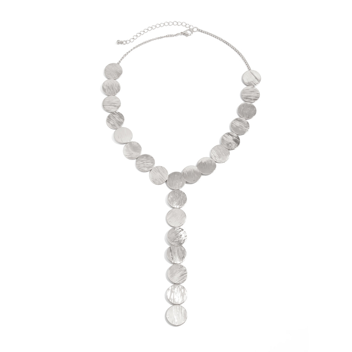 Silvertone Disc Statement Y-Necklace, dainty minimalist design, front view