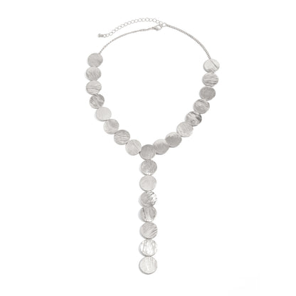 Silvertone Disc Statement Y-Necklace, dainty minimalist design, front view