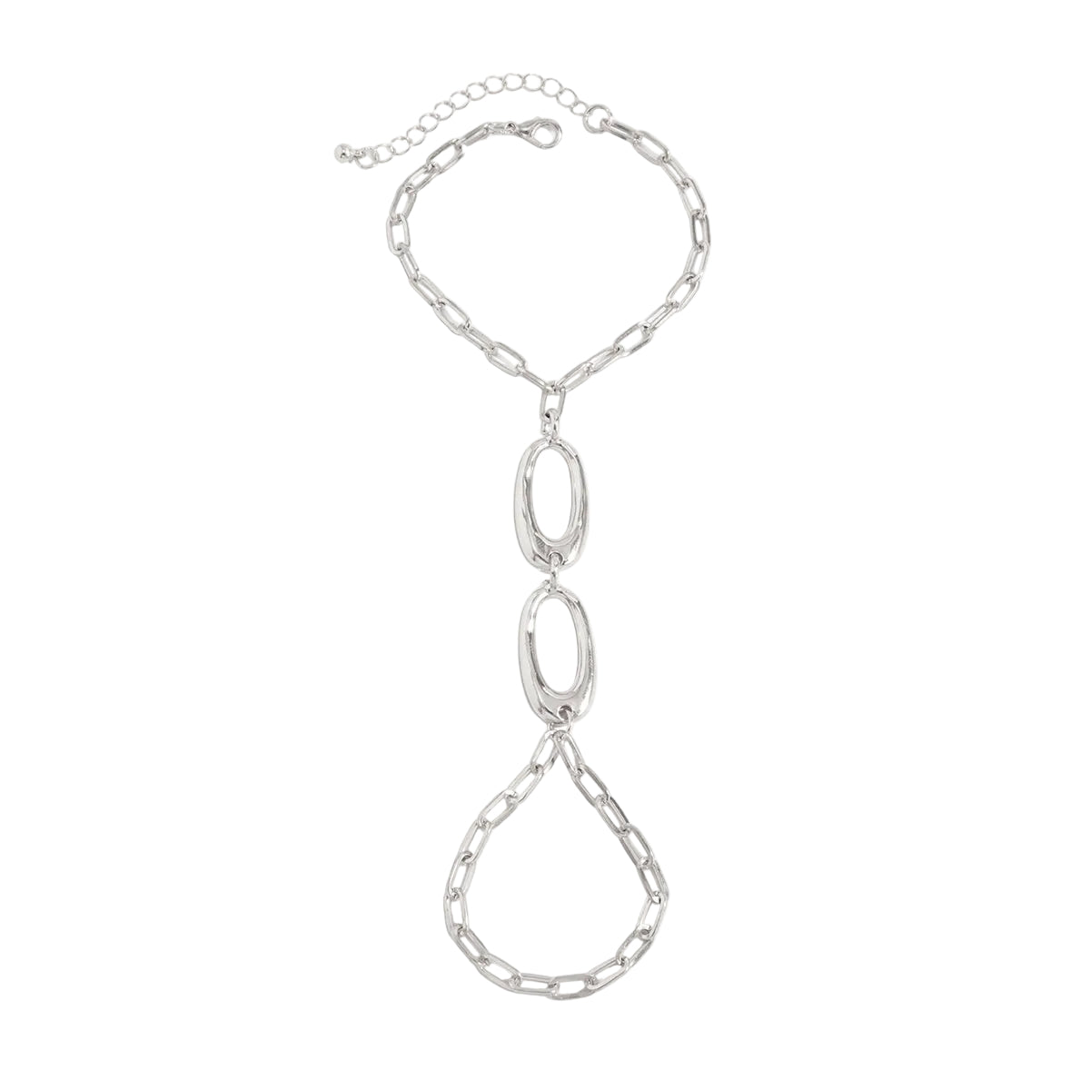 Silvertone Open Oval Finger-to-Wrist Bracelet, silver bracelet for women, elegant gift for her, front view