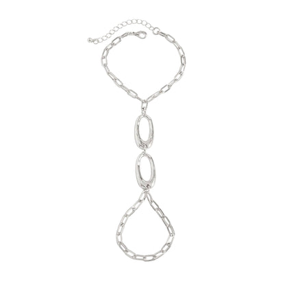 Silvertone Open Oval Finger-to-Wrist Bracelet, silver bracelet for women, elegant gift for her, front view
