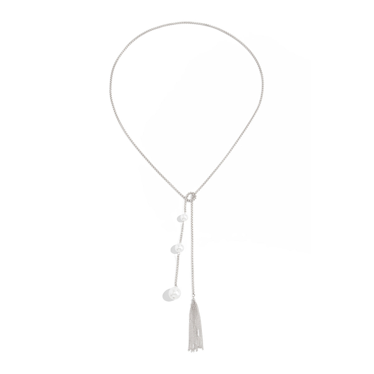 Pearl and Silvertone Tassel Knot Necklace, botanical inspired, front view