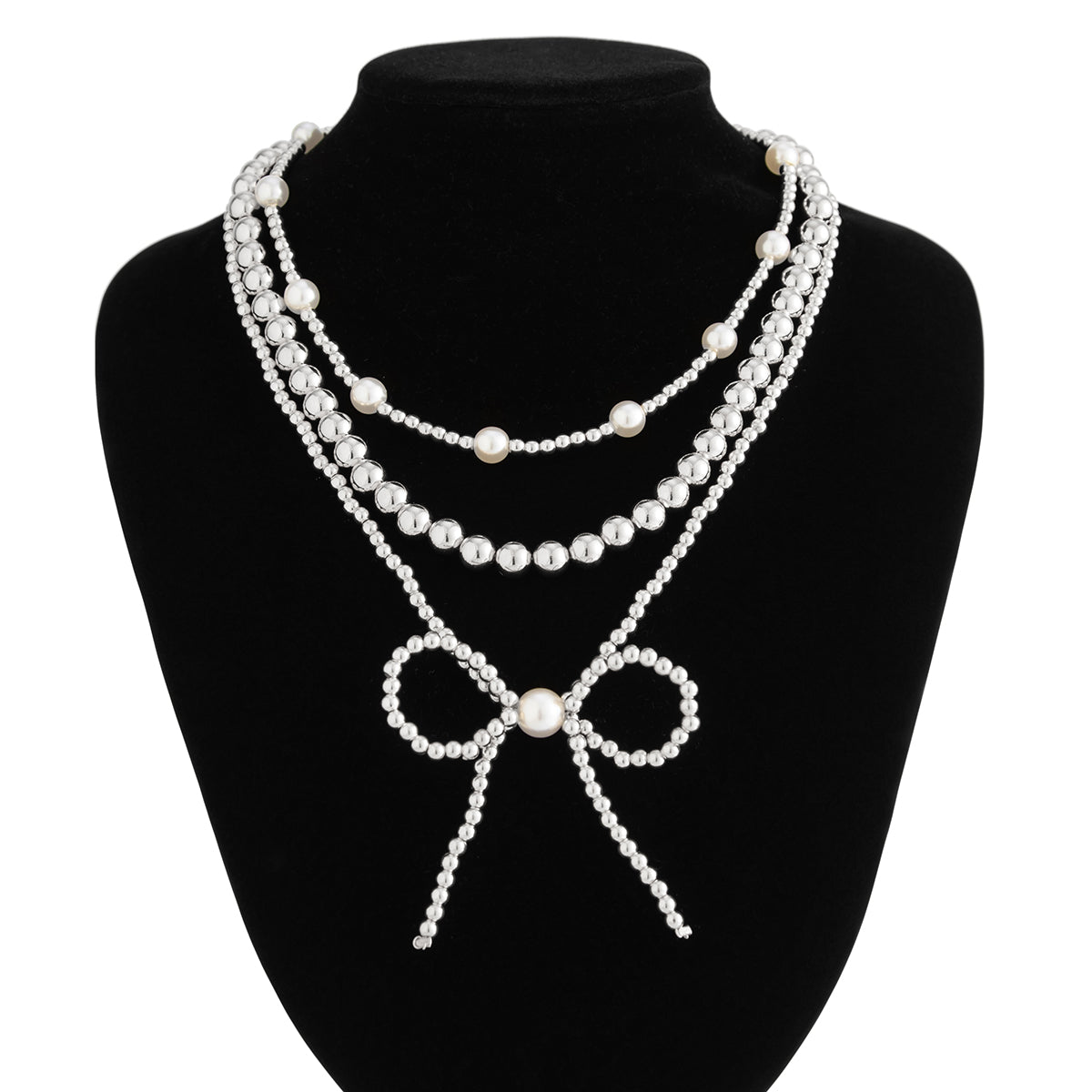 Pearl and Silvertone Beads Chain Bow Pendant Necklace Set, silver pendant necklace for women, styled look