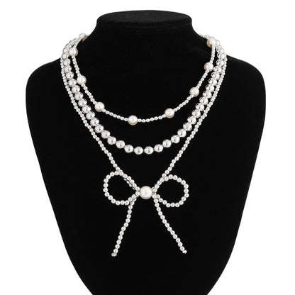 Pearl and Silvertone Beads Chain Bow Pendant Necklace Set, silver pendant necklace for women, styled look