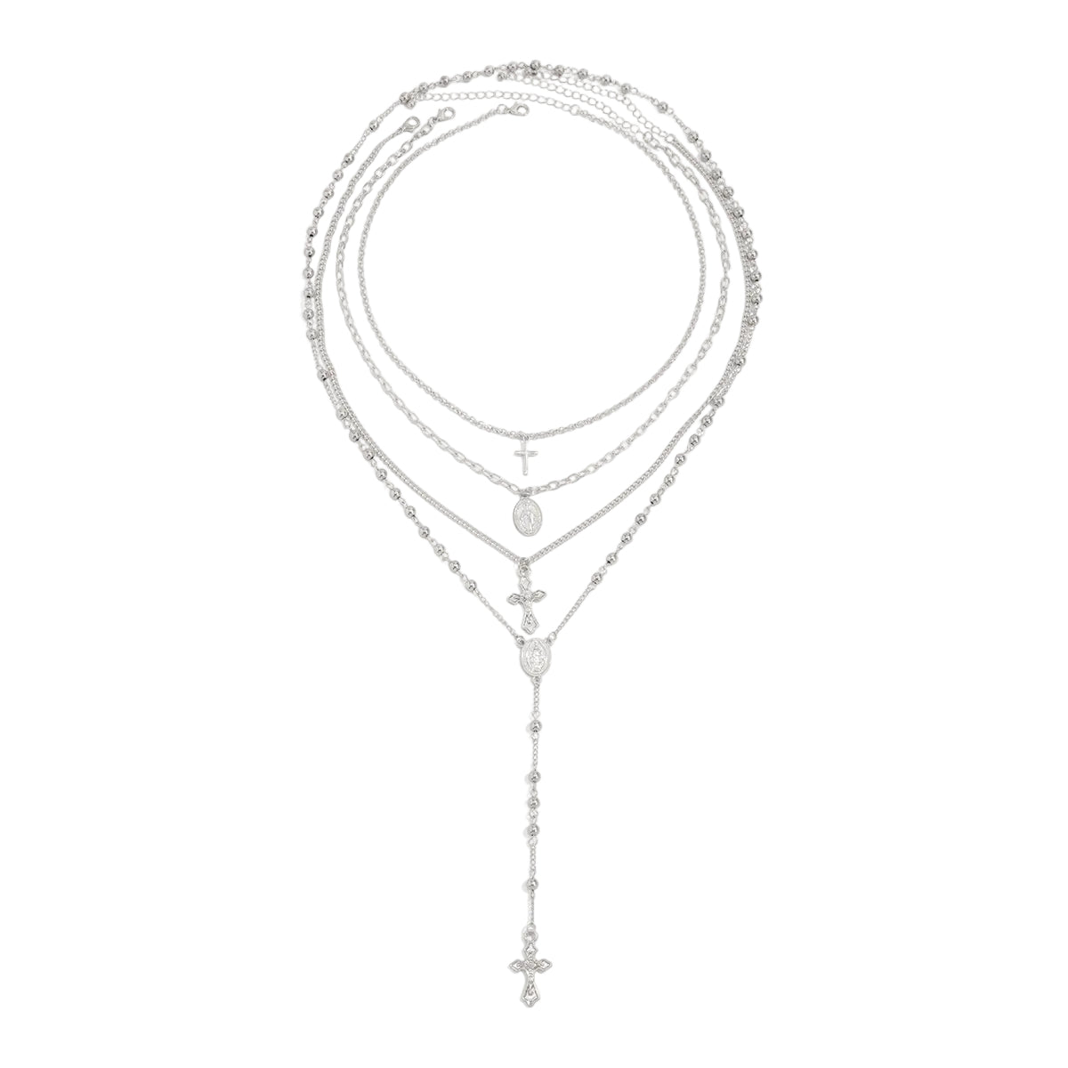 Silvertone Marry Oval Pendant Cross Drop Necklace Set, silver pendant necklace for women, everyday style, front view