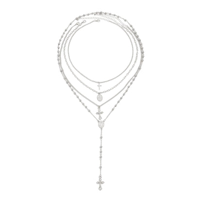 Silvertone Marry Oval Pendant Cross Drop Necklace Set, silver pendant necklace for women, everyday style, front view