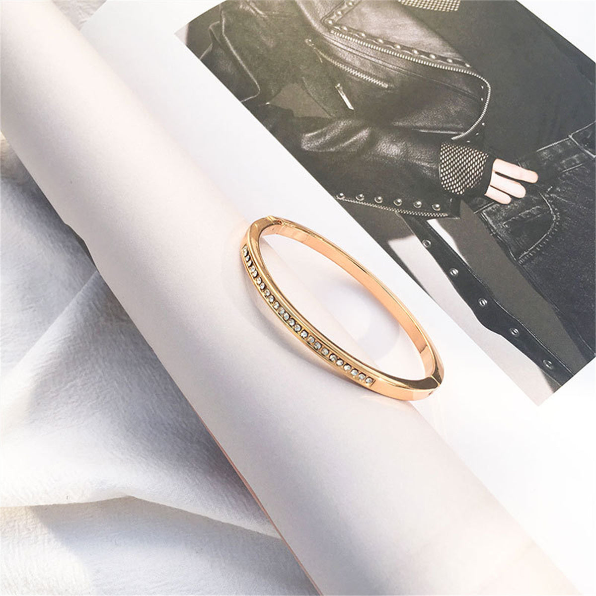 Cubic Zirconia and 18K Gold-Plated Hinge Bangle, gold bangle bracelet, botanical inspired, lifestyle look