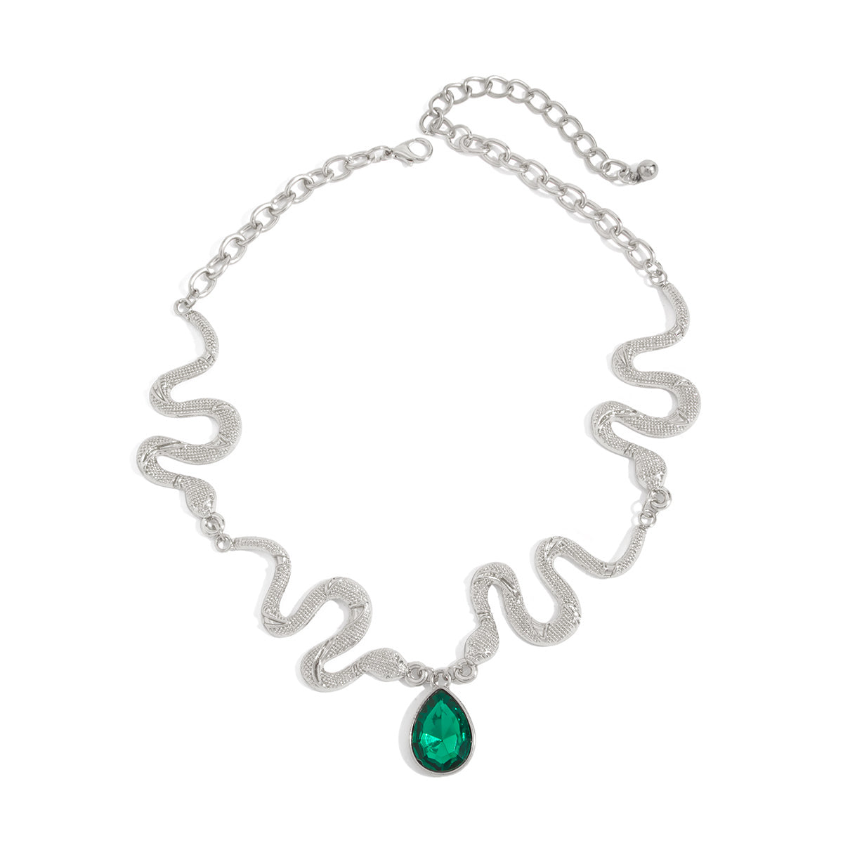 Crystal and Silvertone Textured Snake Drop Choker, dainty minimalist design, front view