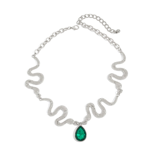 Crystal and Silvertone Textured Snake Drop Choker, dainty minimalist design, front view