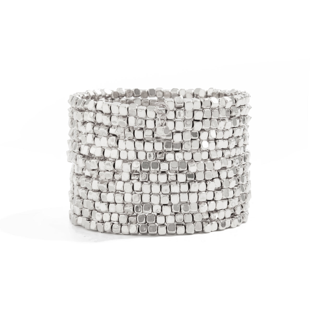 Silvertone Cube Layered Stretch Bracelet, botanical inspired, front view