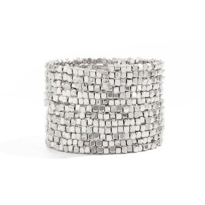 Silvertone Cube Layered Stretch Bracelet, botanical inspired, front view