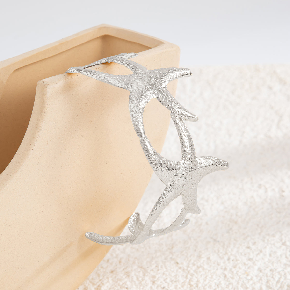 Silvertone Linked Starfish Arm Cuff, elegant gift for her, detail close-up