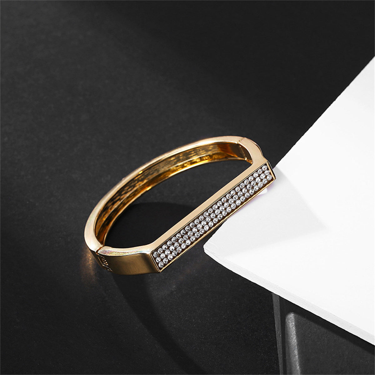 Cubic Zirconia and 18K Gold-Plated Rectangle Hinge Bangle, gold bangle bracelet, everyday style, lifestyle look