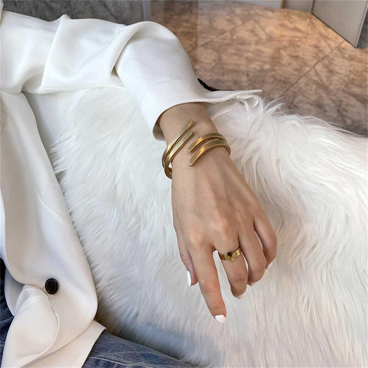 18K Gold-Plated Wing Open Bypass Coil Bracelet, gold bangle bracelet, everyday style, detail close-up