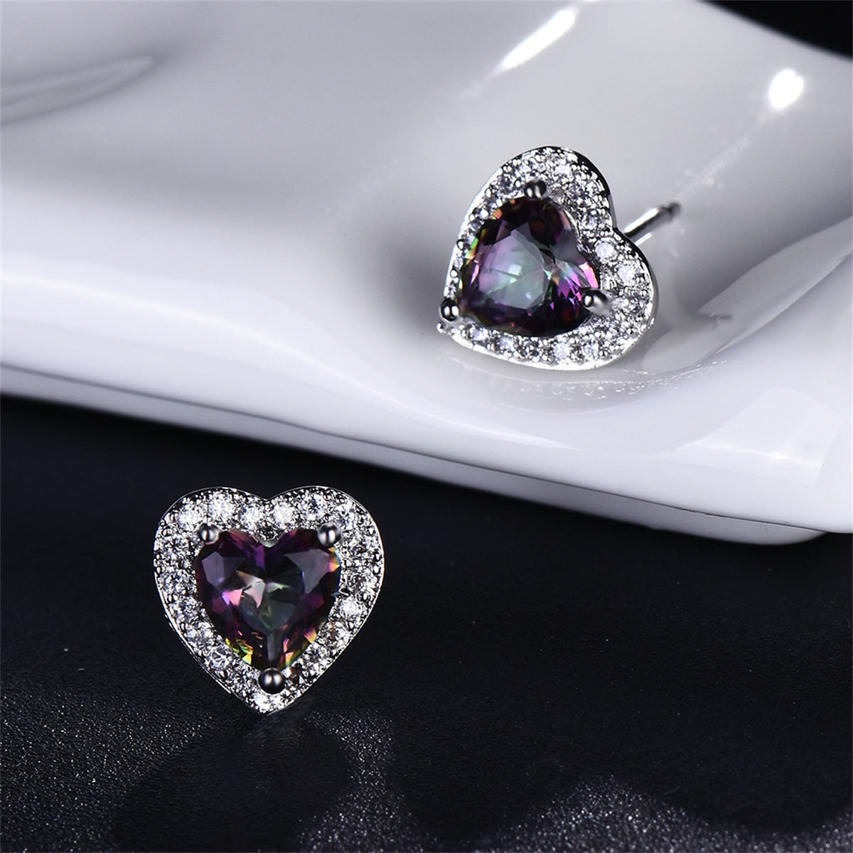 Colored Crystal & Cubic Zirconia Silver-Plated Halo Heart Stud Earrings