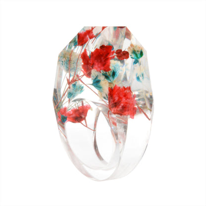Red and Blue Dried Flower Ring, statement rings for women, elegant gift for her, side view