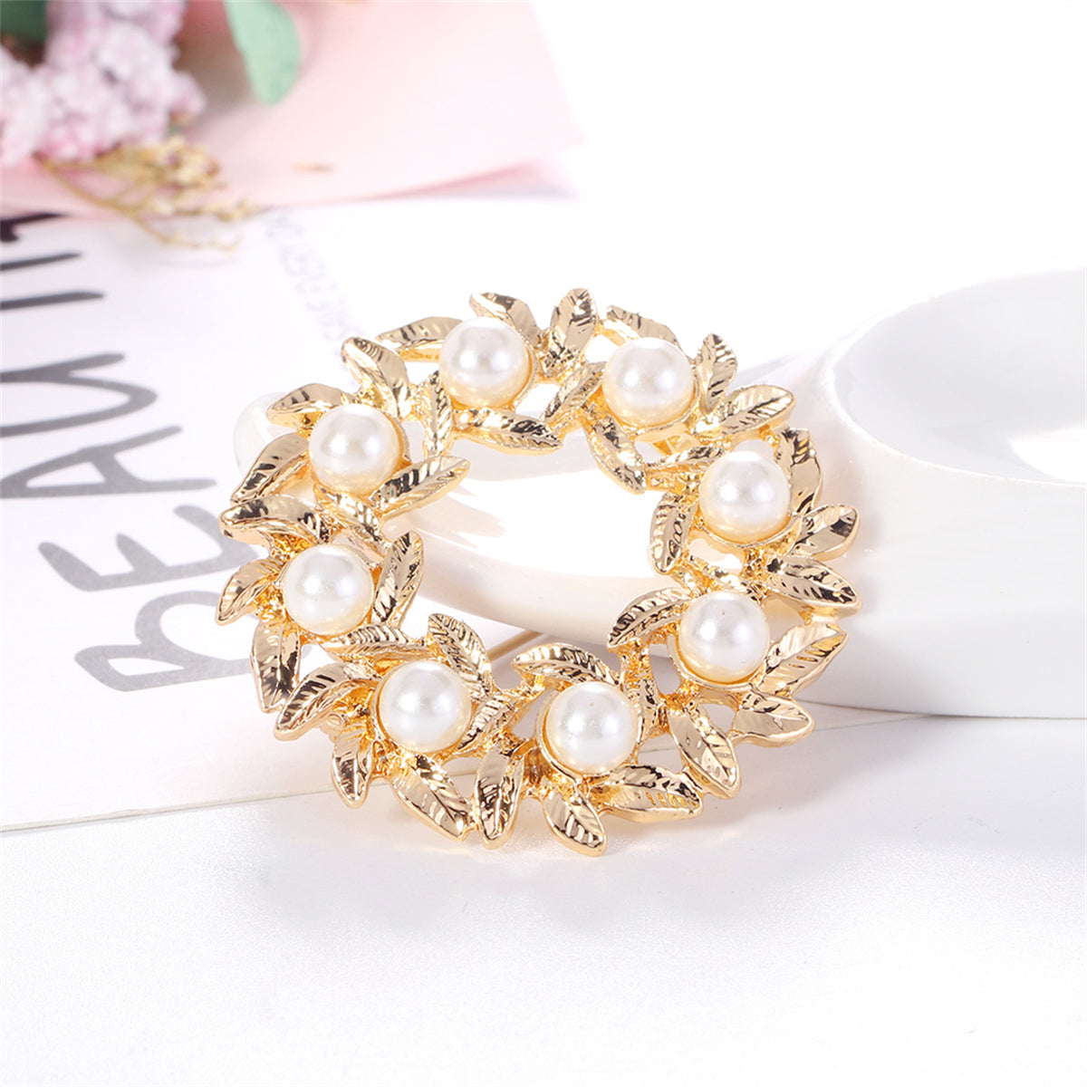Pearl and 18K Gold-Plated Wreath Brooch, gold brooch pin, dainty minimalist design, lifestyle look