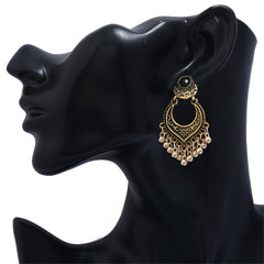 Stylish bell-tassel drop earrings in 18K gold plating, embellished with black stones and beads for a striking look.