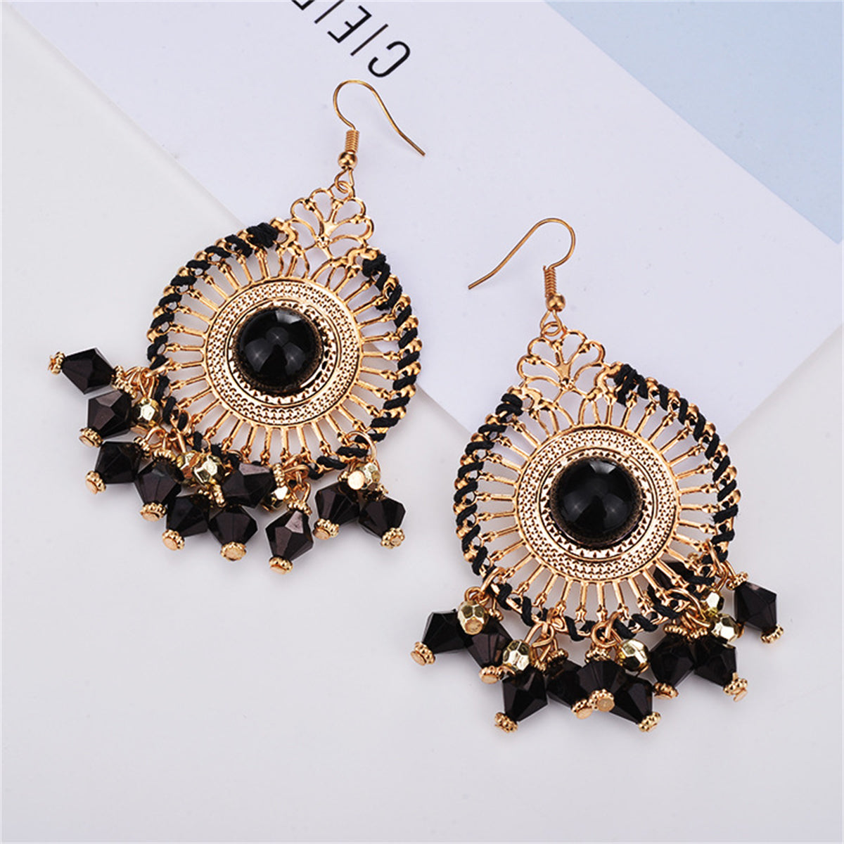 Black Acrylic and Enamel 18K Gold-Plated Openwork Round Drop Earrings, gold drop earrings for women, detail close-up