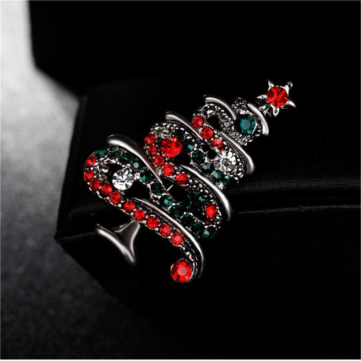 Red Cubic Zirconia & Silver-Plated Christmas Tree Brooch