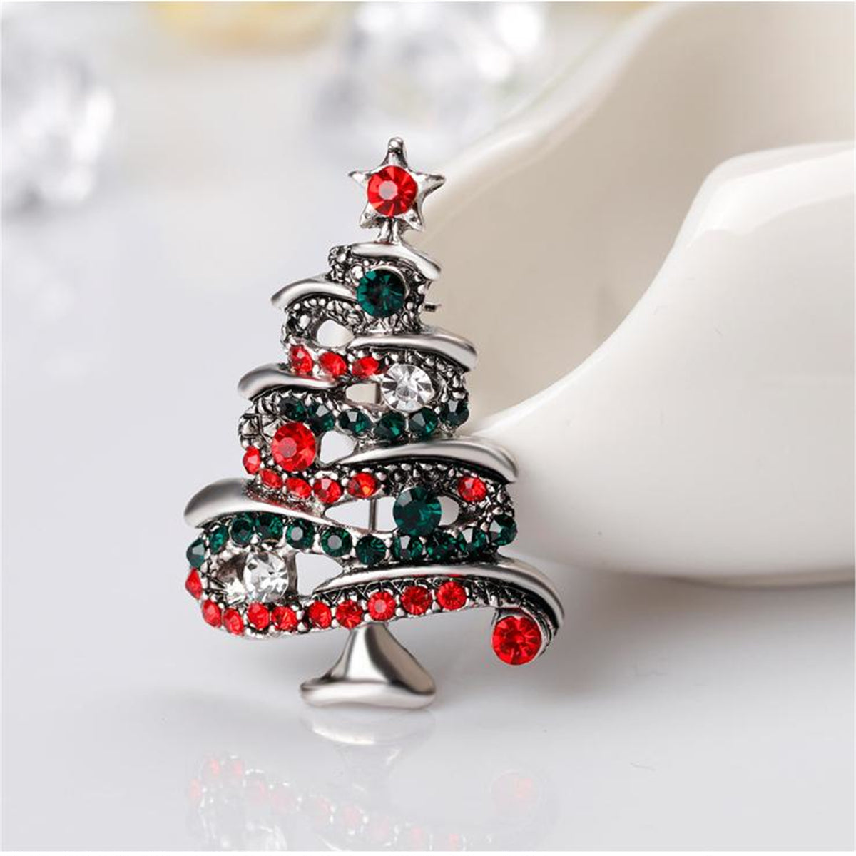 Red Cubic Zirconia & Silver-Plated Christmas Tree Brooch