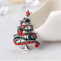 Red Cubic Zirconia & Silver-Plated Christmas Tree Brooch