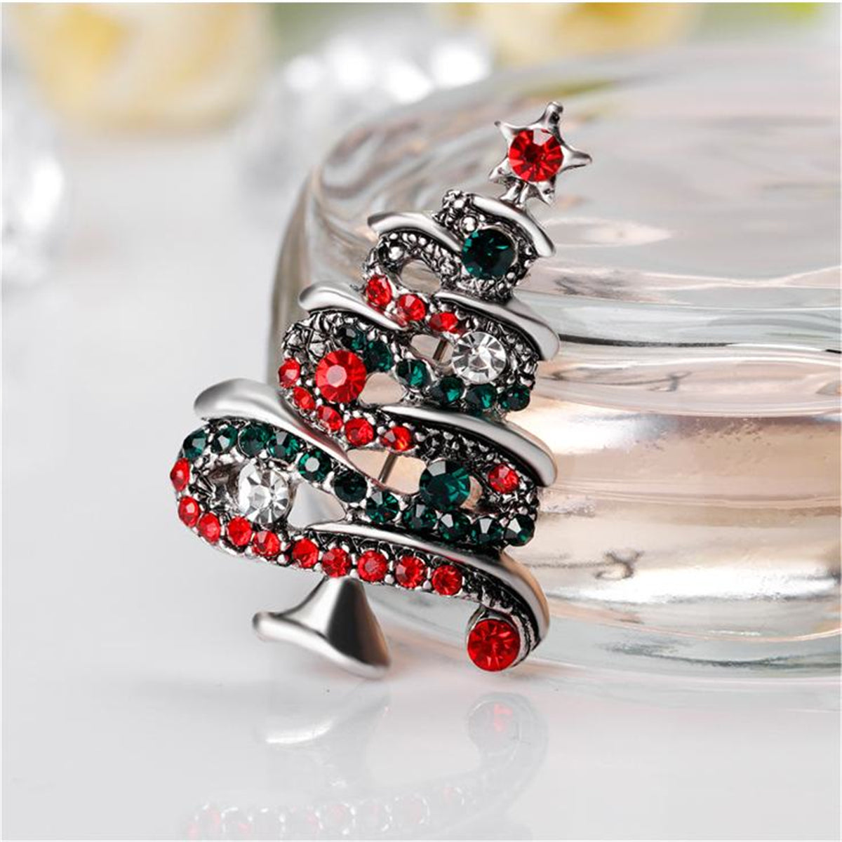 Red Cubic Zirconia & Silver-Plated Christmas Tree Brooch