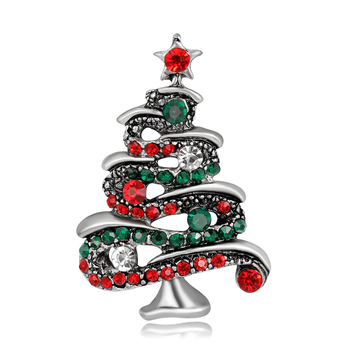 Red Cubic Zirconia and Silver-Plated Christmas Tree Brooch, silver brooch pin, elegant gift for her, front view