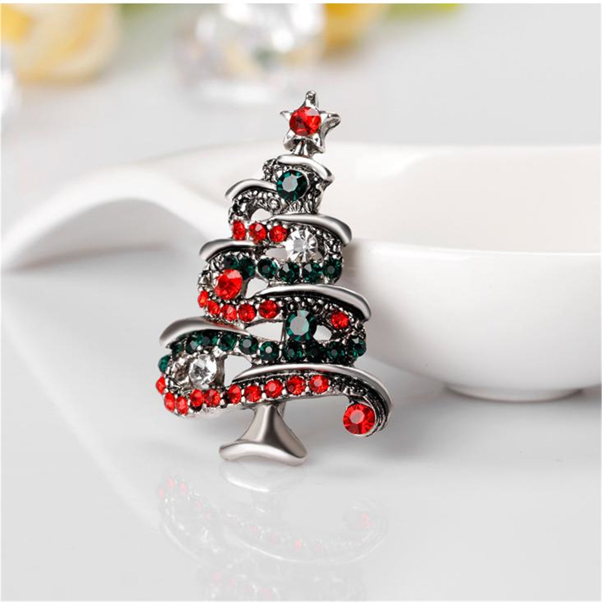 Red Cubic Zirconia & Silver-Plated Christmas Tree Brooch