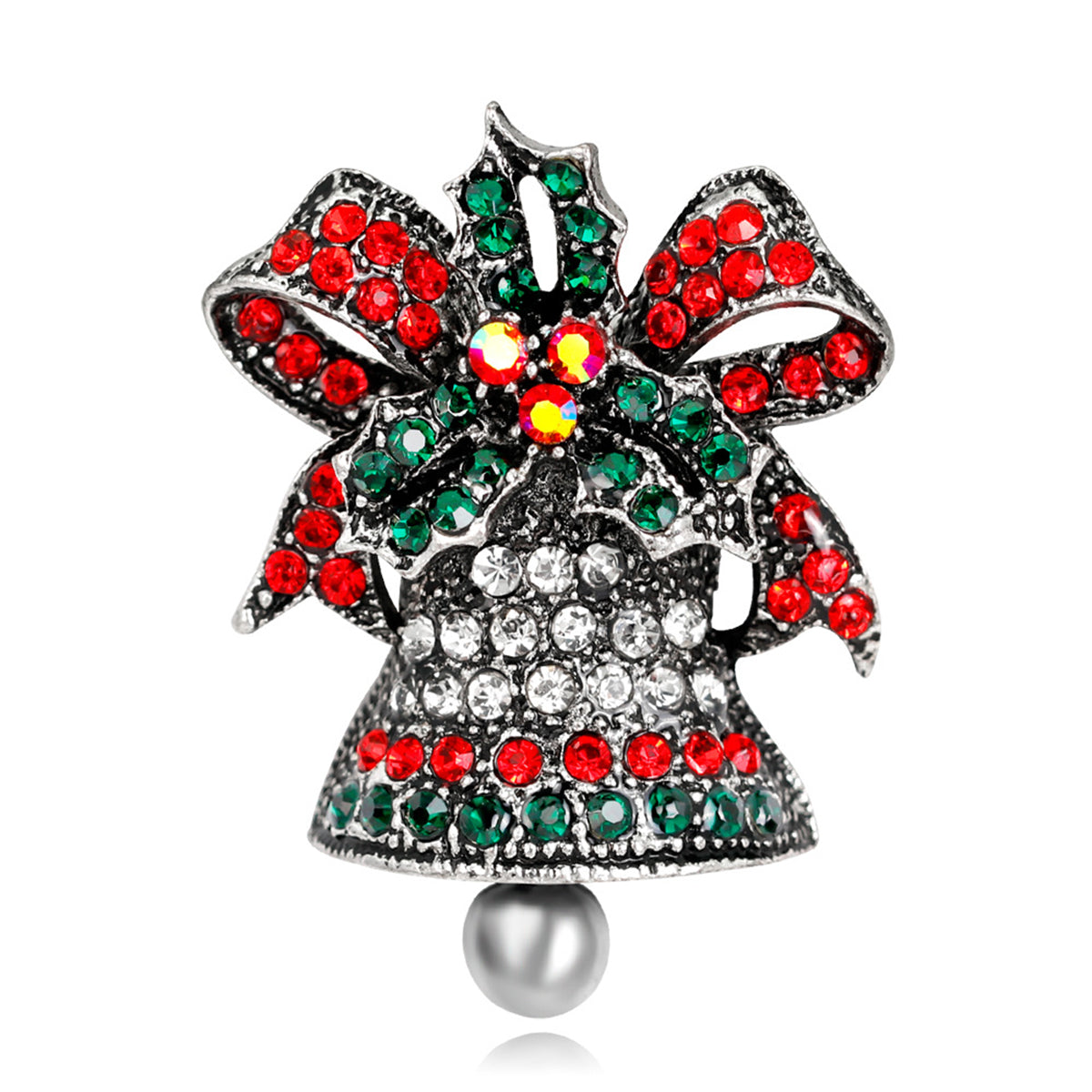 Cubic Zirconia and Silver-Plated Ringing Bell Brooch, silver brooch pin, botanical inspired, front view